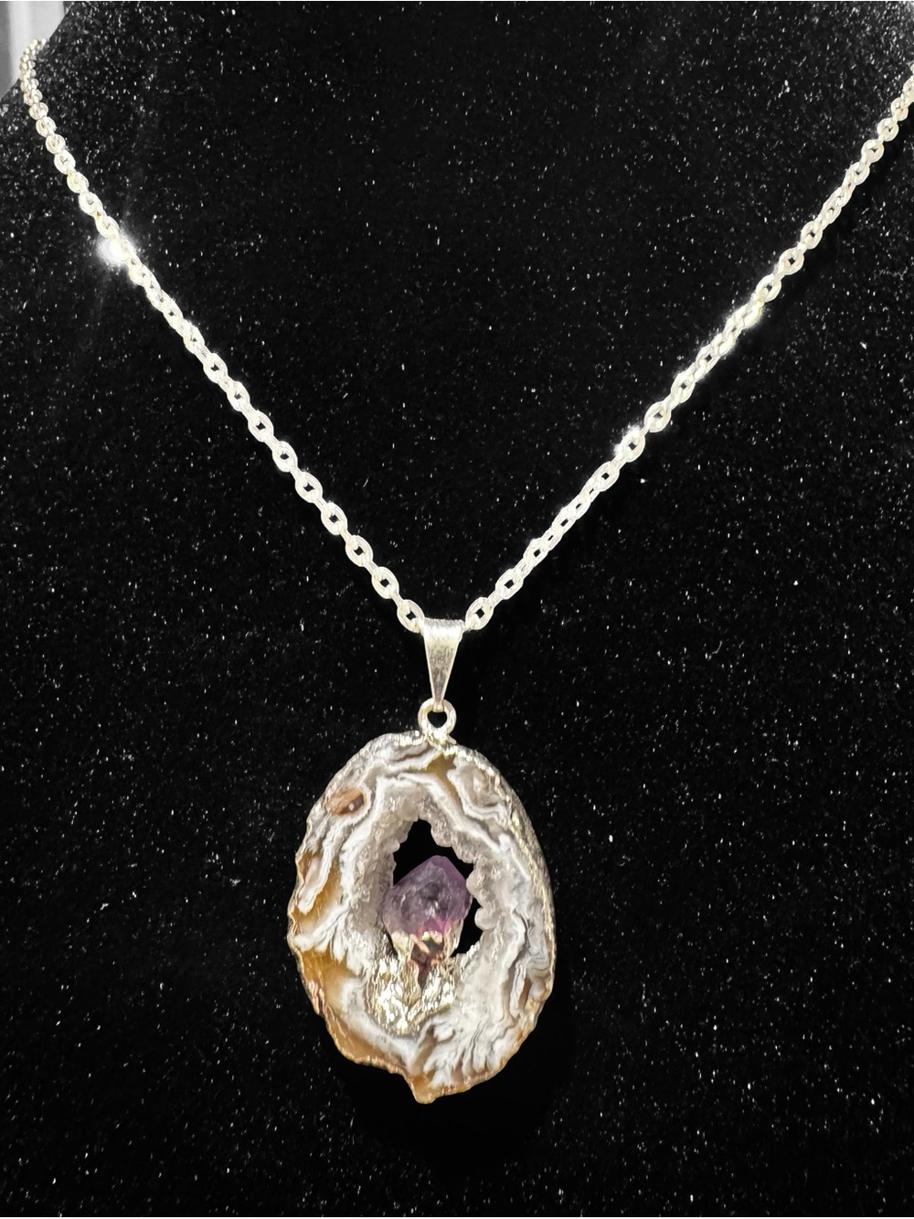 Gorgeous Hollow Geode Pendant Necklace with Amethyst Center on Silver Necklace